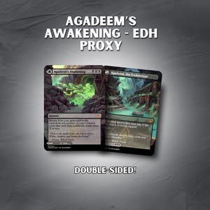 May include: Two double-sided cards with the text "AGADEEM'S AWAKENING - EDH PROXY" and "DOUBLE-SIDED!". The cards feature fantasy art with green and blue hues. One card is titled "Agadeem's Awakening" and the other "Agadeem, the Undercrypt".
