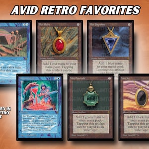 May include: A collection of six retro Magic: The Gathering cards. The cards feature various illustrations and text, including the phrases "AVID RETRO FAVORITES" and "INCLUDED IN THE RETRO SET". The cards have a vintage aesthetic.