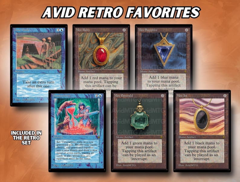 May include: A collection of six retro Magic: The Gathering cards. The cards feature various illustrations and text, including the phrases "AVID RETRO FAVORITES" and "INCLUDED IN THE RETRO SET". The cards have a vintage aesthetic.