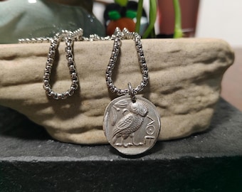 Handmade Ancient Greek Silver Coin Necklace Vintage Athena Coin Pendant Minimalist owl pendant
