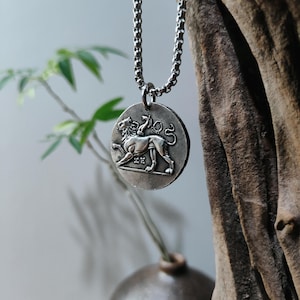 Può includere: Collana con pendente argentato con un ciondolo circolare raffigurante un leone in rilievo. Il ciondolo ha un testo attorno al leone. La catena è un design a maglie. Lo sfondo è un ambiente naturale sfocato con vegetazione e legno.