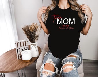 Camiseta para mamá de gemelos, regalo personalizado para mamá, camiseta para mamá de gemelos, camiseta personalizada para mamá, camiseta con nombres de bebé, regalo para el Día de la Madre