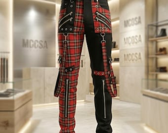 Pantalon punk écossais rouge - Streetwear gothique avec fermetures éclair - Bretelles et détails métalliques - Alt Fashion