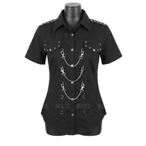 May include: Black short-sleeved shirt with silver chain and stud details. The shirt has a collared neckline, epaulettes, and decorative chains. The shirt is displayed on a mannequin.