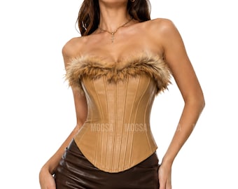 Elegantes hellbraunes Korsett mit Kunstpelzbesatz – Vintage-Stil-Überbrusttop