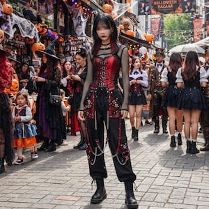 May include: A person wearing a red and black corset top with silver buckles, a black mesh long-sleeve shirt underneath, and black cargo trousers featuring red straps and silver chains. The outfit is completed with black lace-up combat boots.