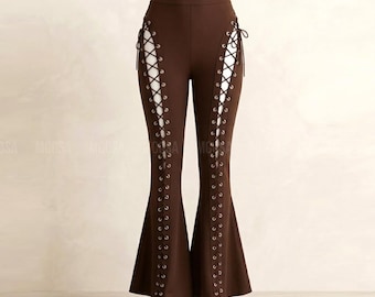 Leggings acampanados negros con cordones para mujer, de cintura alta, estilo gótico.