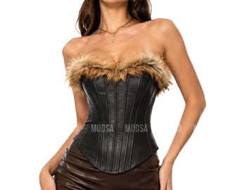 Elegant Tan Corset with Faux Fur Trim - Vintage Style Overbust Top