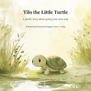 May include: Illustration of a friendly turtle, Tilo, from the book "Tilo the Little Turtle." The image features a light green turtle with a patterned shell, set against a soft, watercolor-style background with text that reads "A gentle story about going your own way."