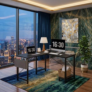 May include: A black L-shaped desk with a metal frame, featuring a laptop and a desktop computer displaying "16:30". The desk is set in a modern office space with a city view, a rug, and a plant.