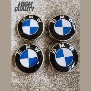 Set of 4 BMW 68mm Wheel Center Caps, Glossy Black Blue Emblem Hub Covers