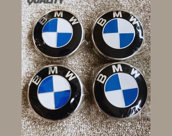 Set of 4 BMW 68mm Wheel Center Caps, Glossy Black Blue Emblem Hub Covers