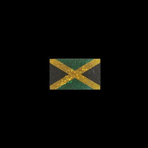 May include: A rectangular patch featuring the flag of Jamaica rendered in sparkling rhinestones. The design consists of a gold diagonal cross separating four triangles, with the top and bottom triangles in green and the side triangles in black.