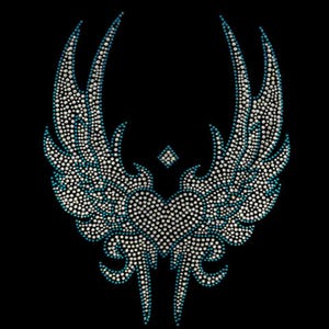May include: A heart-shaped design embellished with sparkling silver and teal rhinestones on a black background. The central heart is flanked by two large, upward-sweeping wings made of individual crystals, with a small diamond shape above the heart.