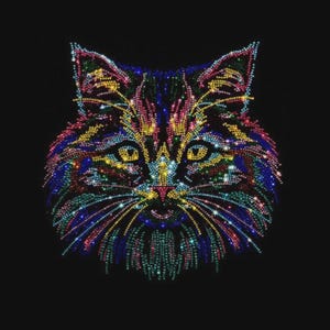 May include: A cat head graphic design composed of multicolored rhinestones against a solid black background. The feline features are rendered in vibrant shades of red, yellow, blue, green, and purple, creating a sparkling, prismatic effect.