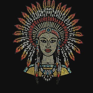 May include: A rhinestone transfer design on a black background featuring a stylised portrait of a person wearing a large, radiating feathered headdress. The image is composed of small, multi-coloured crystals in shades of red, orange, yellow, and blue.