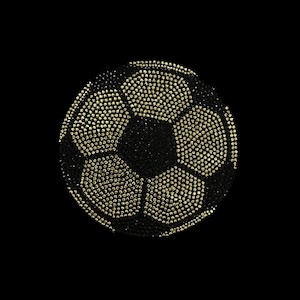 May include: A circular football design composed of numerous small, reflective gold and black rhinestones. The pattern features the classic hexagonal and pentagonal panel structure of a football, rendered in a high-contrast, sparkling finish.