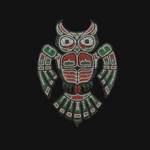 May include: An owl-shaped iron-on patch decorated with small, sparkling rhinestones in red, green, white, and black. The design features a symmetrical pattern of geometric shapes forming the owl's head, wings, and tail feathers against a black background.