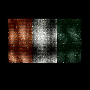 May include: A rectangular patch featuring the flag of Ireland, constructed from a dense grid of small, reflective orange, white, and green rhinestones. The design is set against a solid black background, creating a high-contrast, sparkling appearance.