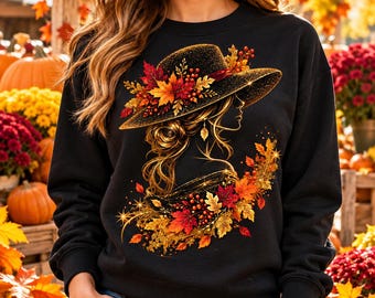 Herfstvrouw PNG, gouden details en esdoornbladeren, transparant ontwerp voor een herfstshirt