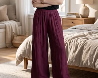 Pantaloni da donna in cotone a gamba larga, vestibilità ampia e casual, pantaloni palazzo con elastico in vita, pantaloni maxi con tasche laterali, pantaloni lunghi oversize