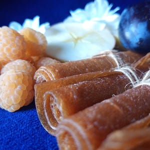 May include: Three rolls of brown fruit leather tied together with thin twine, positioned next to a cluster of light orange raspberries, a slice of pale green apple, and a single dark purple plum against a deep blue background.