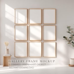 May include: A gallery wall mockup featuring nine vertical rectangular frames with light wood borders arranged in a three-by-three grid. The text GALLERY FRAME MOCKUP 9 FRAMES PSD SMART OBJECT INSTANT DOWNLOAD is centered at the bottom of the image.