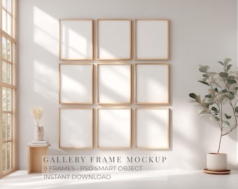 Gallery Wall Mockup 9er Set, 4: 5 Ratio Holzrahmen Mockup Bundle, 8x10 16x20 Poster Mockup PSD, Grid Galeriewand mit Sonnenlicht Schatten
