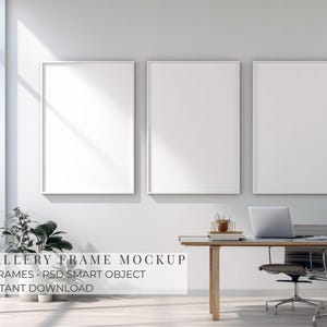 Modern Office Frame Mockup, 3 Vertical White Frames, Gallery Wall Mockup, PSD Smart Object, 2:3 Ratio, JPG Download