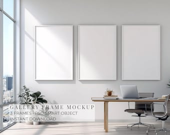 Moderner Bürorahmen Mockup, 3 Vertikale Weiße Rahmen, Galerie Wand Mockup, PSD Smart Objekt, 2:3 Ratio, JPG Download