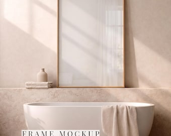 Bathroom Frame Mockup DIN A, Scandinavian Bathroom Mockup, Wooden Frame PSD Mockup, Wall Art Mockup, Minimal Interior, With & Without Mat