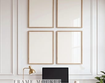 4er Set Eiche Hell Rahmen Mockup Büro, Grid Wand Rahmen Szene, DIN A Ratio PSD Mockup, Galerie Wand Mockup, Instant Download