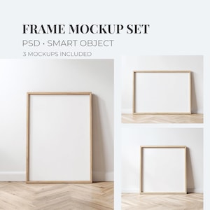Bundel van 3 mock-ups met houten lijst, postermodel PSD met DIN A-verhouding, verticale en horizontale eiken lijst op vloer, vierkante kunstprint-displayset