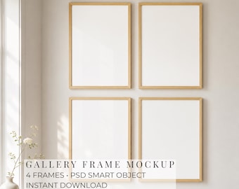 4 Bilderrahmen Galerie Wand Mockup, DIN A Poster Mockup, PSD Smart Objekt, Eiche Eiche Rahmen Mockup, Kunst Wand Display, Sofort Download