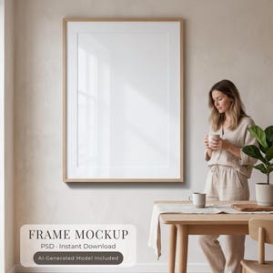 Pode incluir: Uma grande moldura vertical de madeira com um passe-partout branco, exibida numa parede. A moldura apresenta um design limpo com um acabamento em madeira clara. O texto "FRAME MOCKUP PSD Instant Download AI-Generated Model Included" é visível.