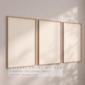 May include: Three vertical rectangular frames with light wood borders and blank off-white centers. The text GALLERY FRAME MOCKUP 3 FRAMES PSD SMART OBJECT INSTANT DOWNLOAD is overlaid on the image in a clean, dark gray sans-serif font.