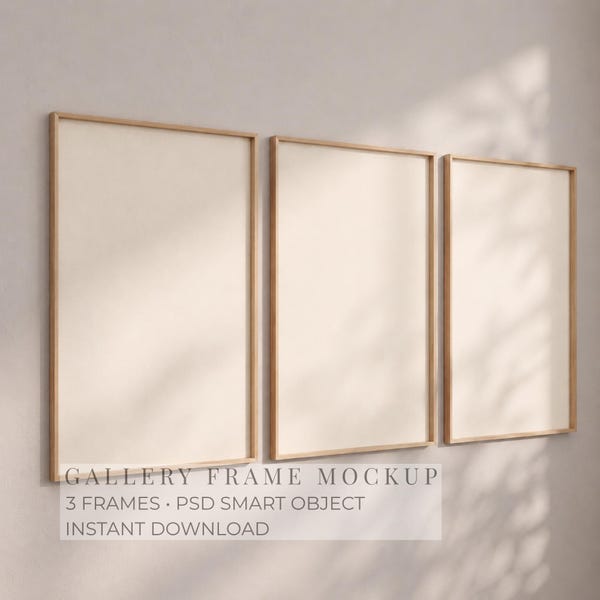 3 Bilderrahmen Galerie Wand Mockup, 2: 3 dünner Holzrahmen Mockup, minimalistisches Poster Mockup für Kunst, Dreifach Rahmen Mockup PSD Smart Objekt