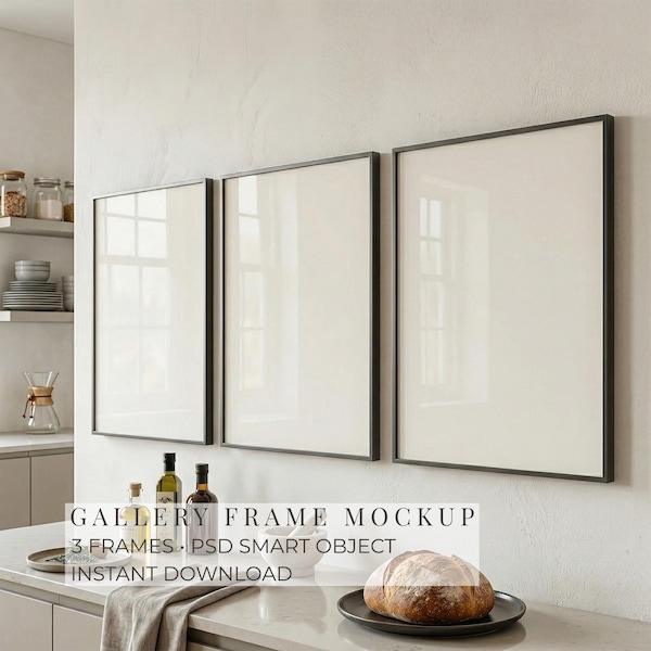 Küchen Rahmen Mockup 3er Set, Galerie Wand Mockup Küche, PSD Smart Objekt, Minimal Interior Mockup, Esszimmer Wand Kunst Display