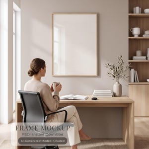 May include: A vertical rectangular wooden picture frame mockup hanging on a beige wall above a wooden desk. The frame is empty with a white center. Text on the image reads: FRAME MOCKUP, PSD, Instant Download, AI-Generated Model Included.