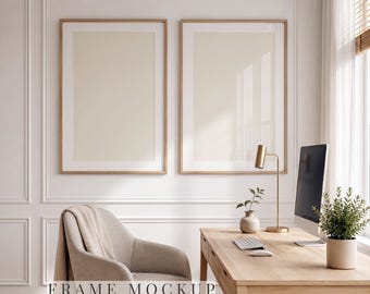 2er Set Light Oak Bilderrahmen Mockup Büro, Doppel-Vertikalrahmen Szene, DIN A Ratio PSD Mockup, Wand Kunst Mockup, Instant Download