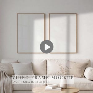 Juego de 2 maquetas de marcos de vídeo, maqueta de póster de díptico de madera PSD MP4, formato vertical A1 A2 A3 A4 DIN A, pared de galería animada para sala de estar