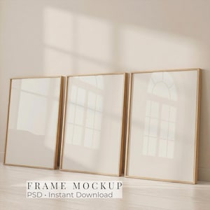 May include: Three vertical rectangular picture frames with light-colored wooden borders. The frames are empty and feature a clean, neutral design. The text "FRAME MOCKUP PSD • Instant Download" is displayed in black at the bottom of the image.