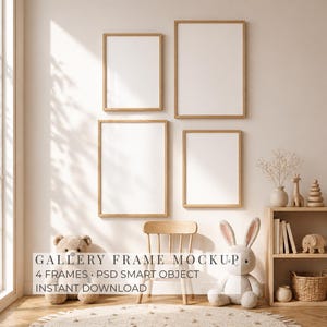 May include: Four rectangular wooden frames with light wood surrounds are mounted on a beige wall. A teddy bear, a small wooden chair, and a stuffed bunny are in the foreground. Text at the bottom reads "GALLERY FRAME MOCKUP".