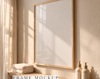 Badezimmer Rahmen Mockup 4: 5, Skandinavisches Interieur Mockup, Holzrahmen Mockup PSD, Wand Kunst Mockup, Minimalistische Regal Szene, Instant Download