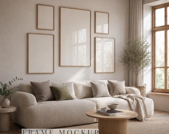 Galerie Wandrahmen Mockup, Skandinavisches Wohnzimmer Mockup, 2: 3 Rahmen Bundle PSD JPG, neutrale Wandkunst Präsentation