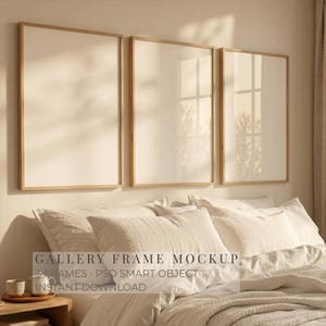 Bedroom Frame Mockup, 3 Frames Above Bed Mockup, Warm Light Wall Mockup, Scandinavian Bedroom Mockup, DIN A PSD Smart Object