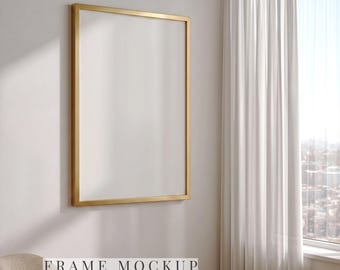 Dünner Goldrahmen Mockup 2: 3, moderne Stadt Wohnung Poster Mockup, Messingrahmen PSD, durchsichtige Vorhang Wand Kunst, Instant Download