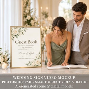 Può includere: Un cartello rettangolare per libro degli ospiti in una cornice dorata con rose bianche e fogliame verde. Il testo recita: Guest Book, Please leave us a little note, a wish, or a memory to cherish for years to come, Emma & Noah, JUNE 20, 2027.