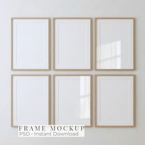 Set mit 6 Galeriewand-Mockups, Holzrahmen-Mockup-Bundle, PSD-Dateien für dünne Eichenrahmen, 6 vertikale Poster-Mockups, Kunstdruck-Mockups (Digitaler Download)