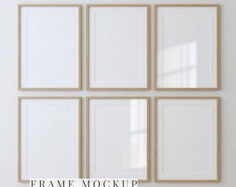 Gallery Wall Mockup Set of 6, Wood Frame Mockup Bundle, Thin Oak Frames PSD, 6 Vertical Poster Mockups,  Art Print Mockup (Digital Download)